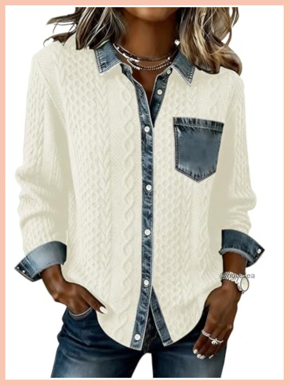 SAUKOLE Women's Cable Knit Patchwork Shacket Loose Fit Casual Jacket